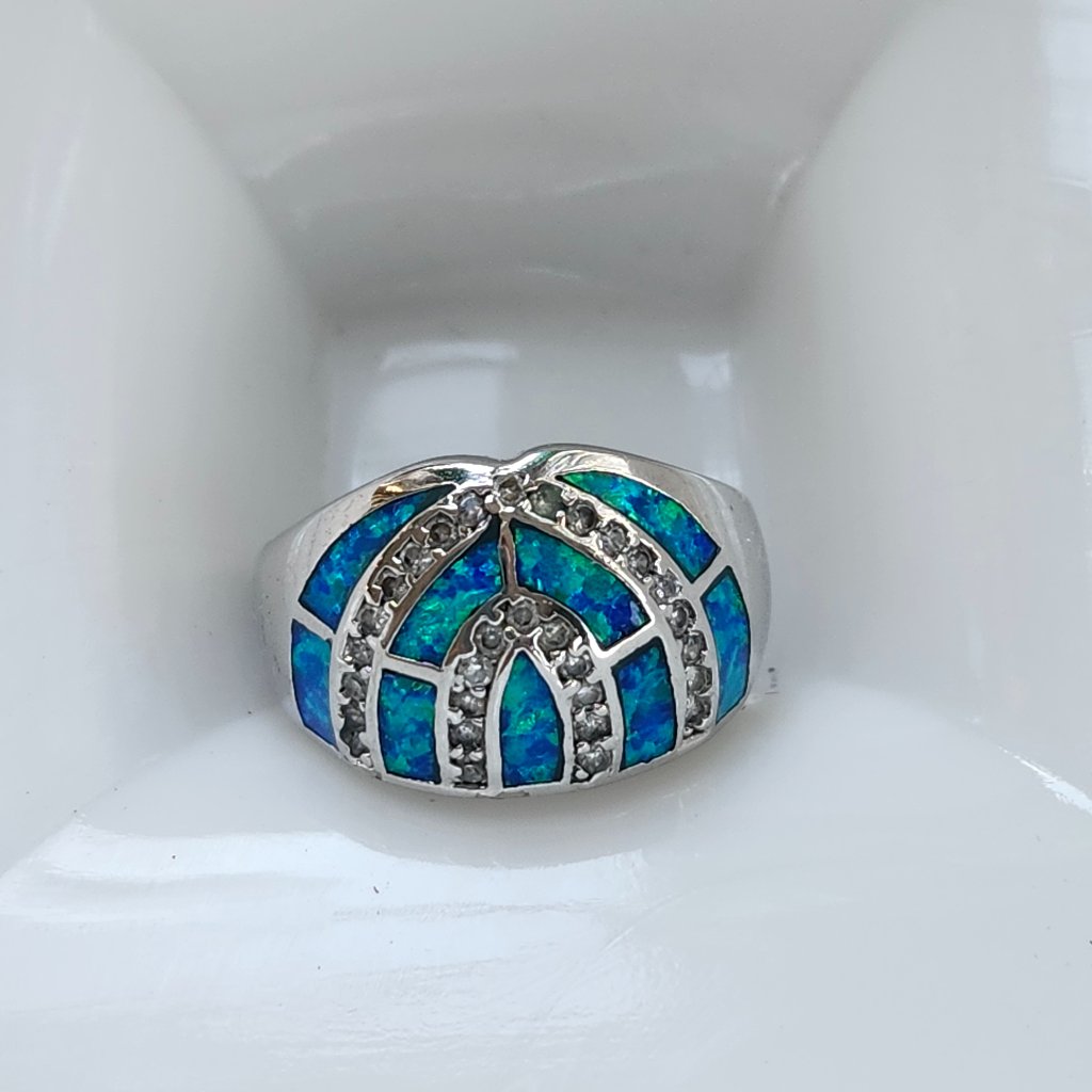 Vintage Sterling Silver & Blue Opal Inlay Triple Arch Ring